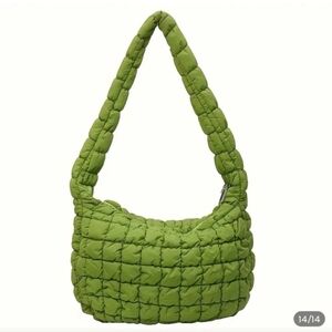 Solid Green Quilted Shoulder Bag - Women's Plush Fashion Tote
